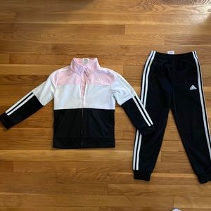 Adidas tracksuit, set, girls, size 7. Black, white, pink with tapered ankle.